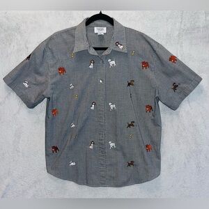 VTG Teddi Large Men's Short Sleeve Button Up Grey Veterinary Dog Print Shirt EUC